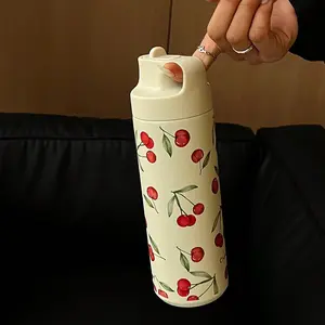 Cherry Pattern Vacuum Flask, 1 Count 500ML Stainless Steel Double Layer Insulated Water Bottle, Straw Cup, Drinking Cup for Home, Office, Outdoor, Drinkware, Leakproof Insulated Tumbler