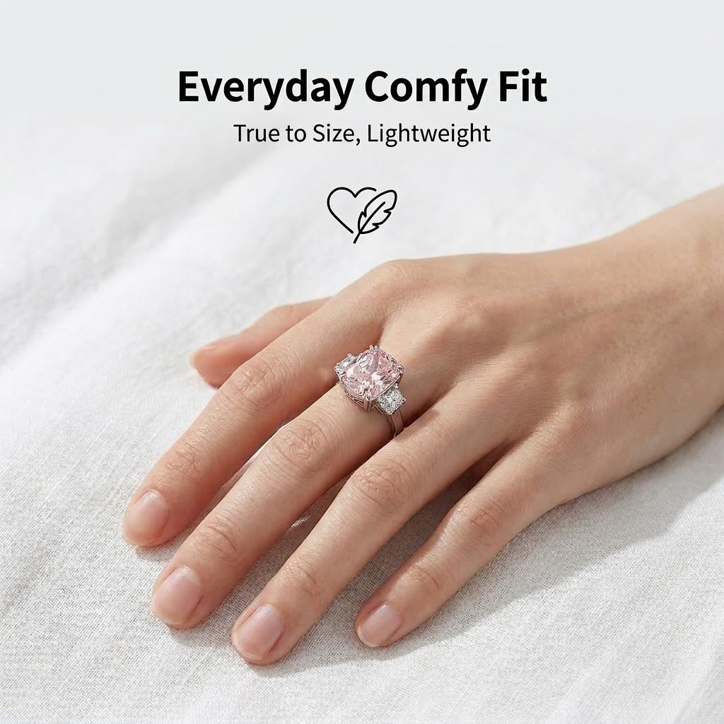 Luxury Cushion Cut Pink Diamond Ring, White Gold Plated Color Gemstone Ring, Elegant Party Index Finger Ring