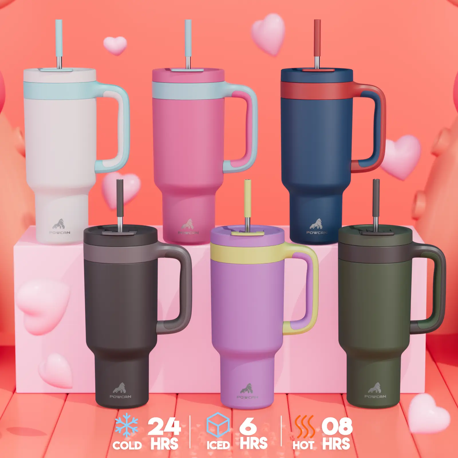 【POWCAN 24-HOUR DELIVERY】40 Oz Glass With Handle 2-In-1 Straw And Straw Lid Leak-Proof Dishwasher-Safe, Insulated Stainless Steel Travel Coffee Mug Lo