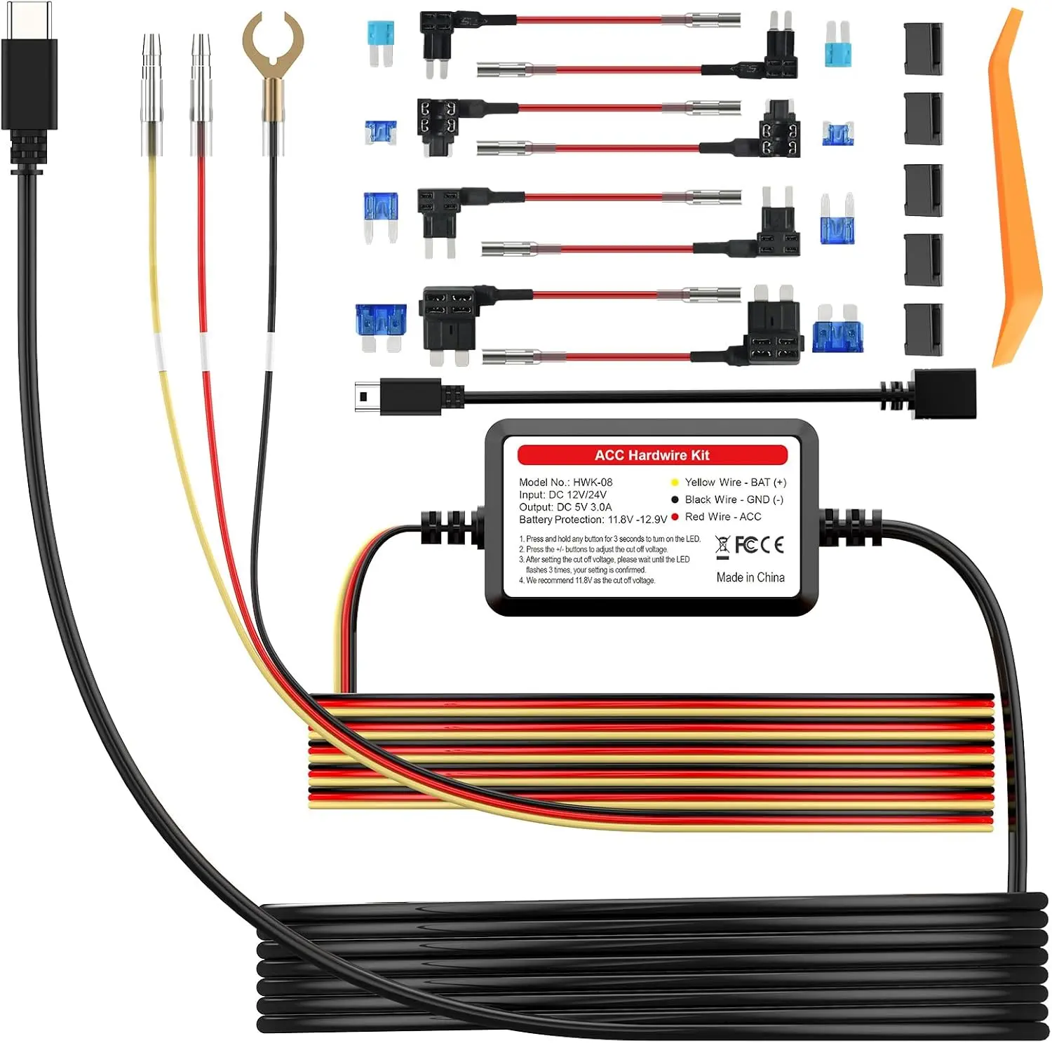 PRUVEEO Automotive Dashcam Smart Acc Hardwire Kit HWK-08, Digital Smart Display, 12V-30V to 5V/3A Output, Intelligent Adjustable Low Voltage Protection, Installation Manual Included