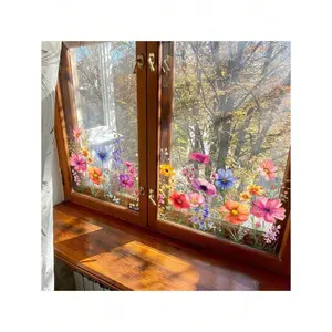 Multicolor Flower Print PVC-Vinyl Window Film Sticker - Self-Adhesive, Semi-Matte Finish, Dual-Sided, Removable Decorative Glass Decoration, Rectangular Home Decor for Daily Use with Colored Flowers and Blue Bells