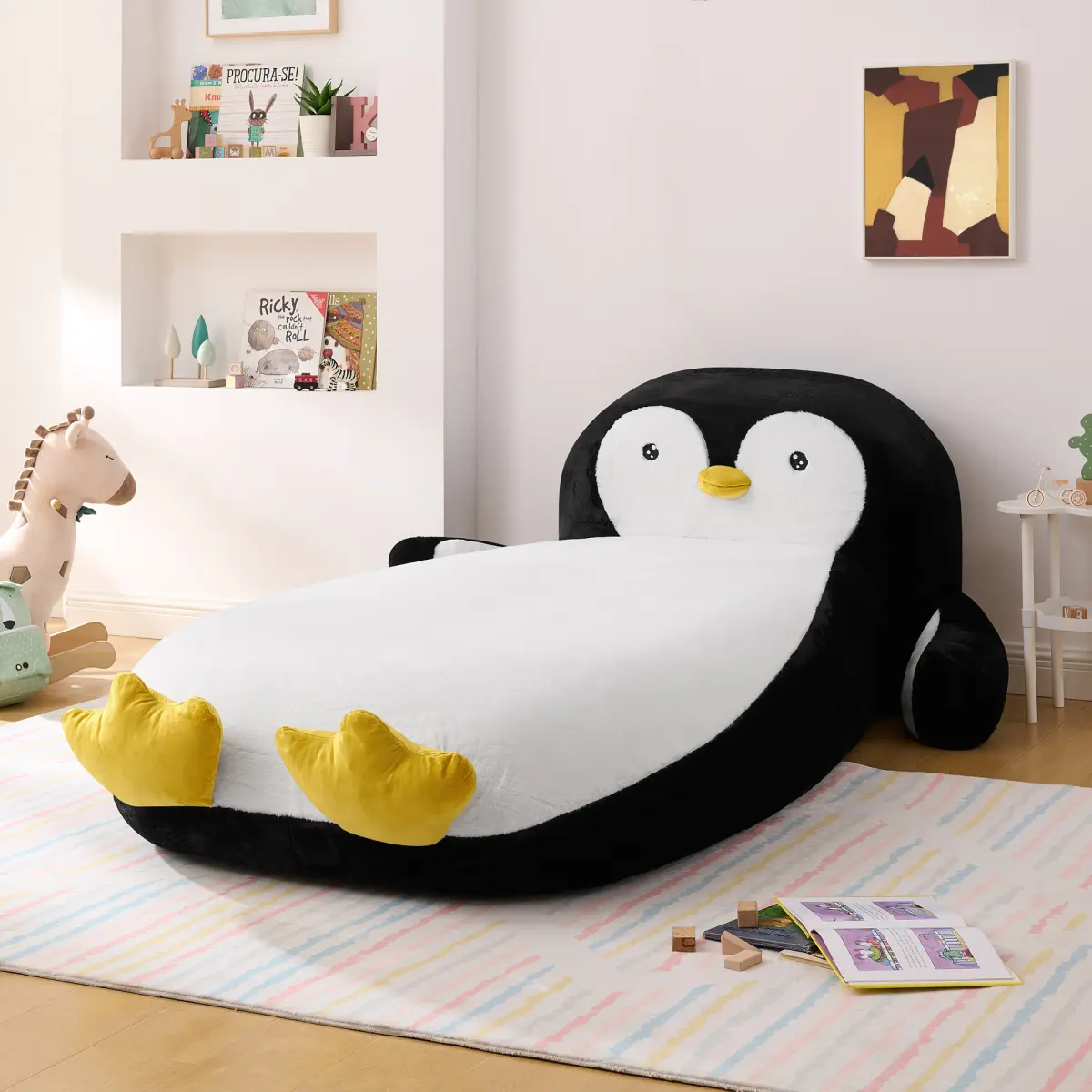 Twin Size Kids Penguin-Shaped Unique Bed with Headboard, Fluffy Cloud Faux Fur Upholstered Boneless Memory Foam Mattress, No-Assembly Platform Floor Sofa Couch Bed Frame for Boys & Girls, Fluffy Cloud Bed
