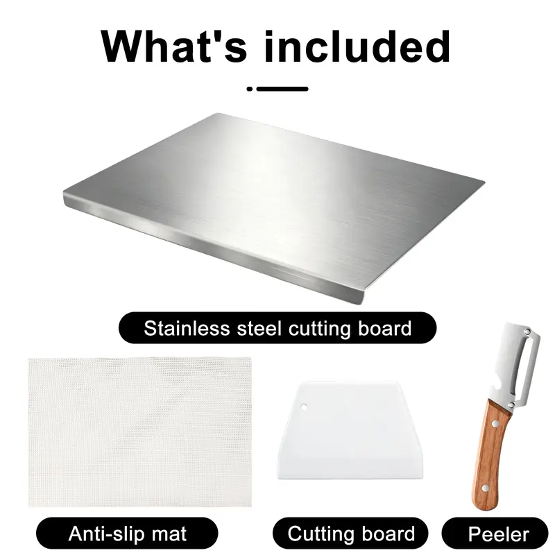 Stainless Steel Lipped Chopping Board Set - Durable, Modern, Rectangular, Knife-Safe Steel Cutting Boards for Kitchen with Peeler & Kneading Mats, 40x30cm/15.7x11.8in, Raised Edges for Meat, Fruits, Lipped Cutting Board