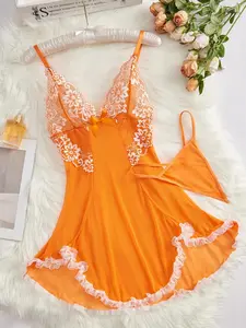 Women's Plain Contrast Lace Bow Decor Cami Nightdress, Adjustable Spaghetti Strap, Soft and Comfortable Sleepwear for Valentine's Day