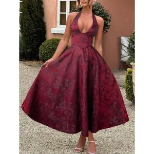 2026 New Women's Elegant Backless Tie-Waist Embroidered V-Neck Sleeveless Dress, Solid Color Slim Fit Long Party Dress