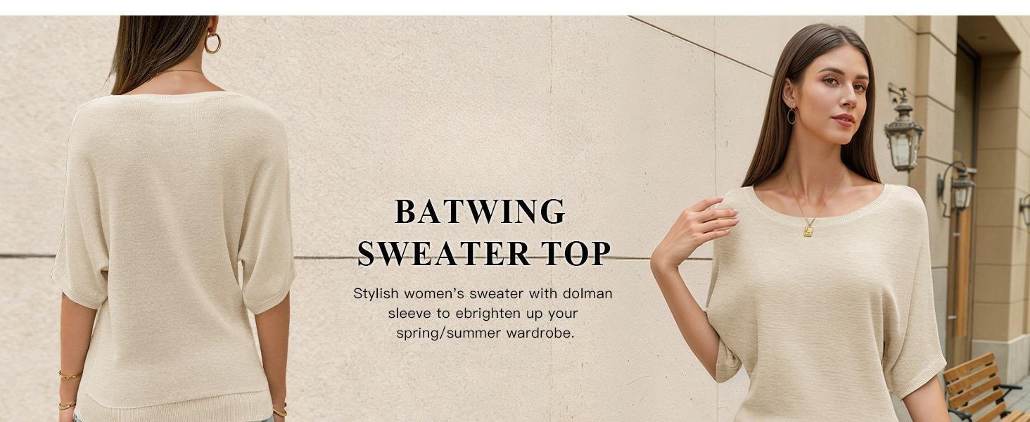 Imily Bela Womens Short Sleeve Sweater Summer Batwing Trendy Casual Boat Neck Lightweight Loose Fitting Knit Tops