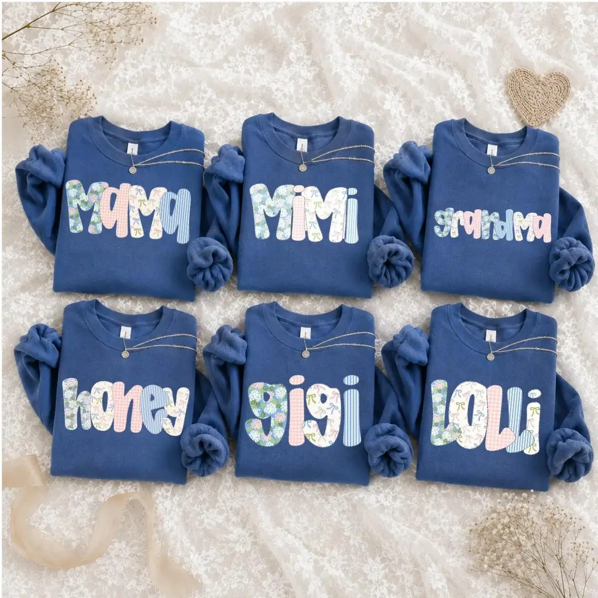 Personalized Mama Mimi Gigi Lolly Indigo Blue Sweatshirt, Custom Family Name Crewneck, Patchwork Bow Letter Shirt, Grandma Mom Mother's Day Gift