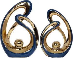 2 count Navy Blue Decor Accent Ceramic Statue Blue  Mid Century Modern Home Decor Accents Sculpture Decorations Centerpieces for Living Room Bookshelf Shelf Coffee Table Kitchen Office Dining Table