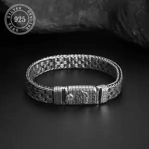 S925 Silver Wealth Pattern Braided Men’s Bracelet, Retro Oxidized Silver Chain with Geometric Engraved Details for Casual & Formal Wear