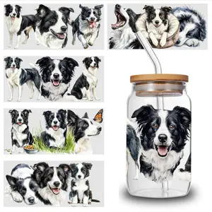 5 Sheets Border Collie UV DTF Stickers Vinyl Themed Transfer Paper, 16OZ Glass Jar Decals, UV DTF Self-Adhesive, Decorative Packaging for Cups & Bottles