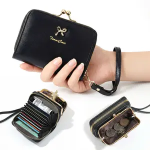 Minimalist Women’s Leather Wallet, Small Zip Around Card Holder with Kiss Lock Coin Pouch & Wrist Strap, Cute Compact Change Purse, Elegant Short Clutch Gift for Women