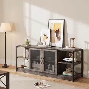 TV Stand for 65 Inch TV Industrial Entertainment Center TV Media Console Table Farmhouse Television Stands with Mesh Door and Shelves Storage 63in Rustic Oak