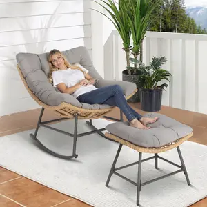 [Live] PHI VILLAOutdoor Rocking Chair with Footstool, Papasan Egg Chair with Thick Cushion, Large Lounge Chair for Patio, Balcony, Garden, Porch and Indoor Ergonomic Aesthetic Live