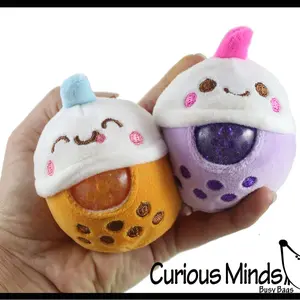 2 Plush Bubble Tea Drink Water Bead Filled Squeeze Stress Balls - Sensory, Stress, Fidget Toy Bubble Blow