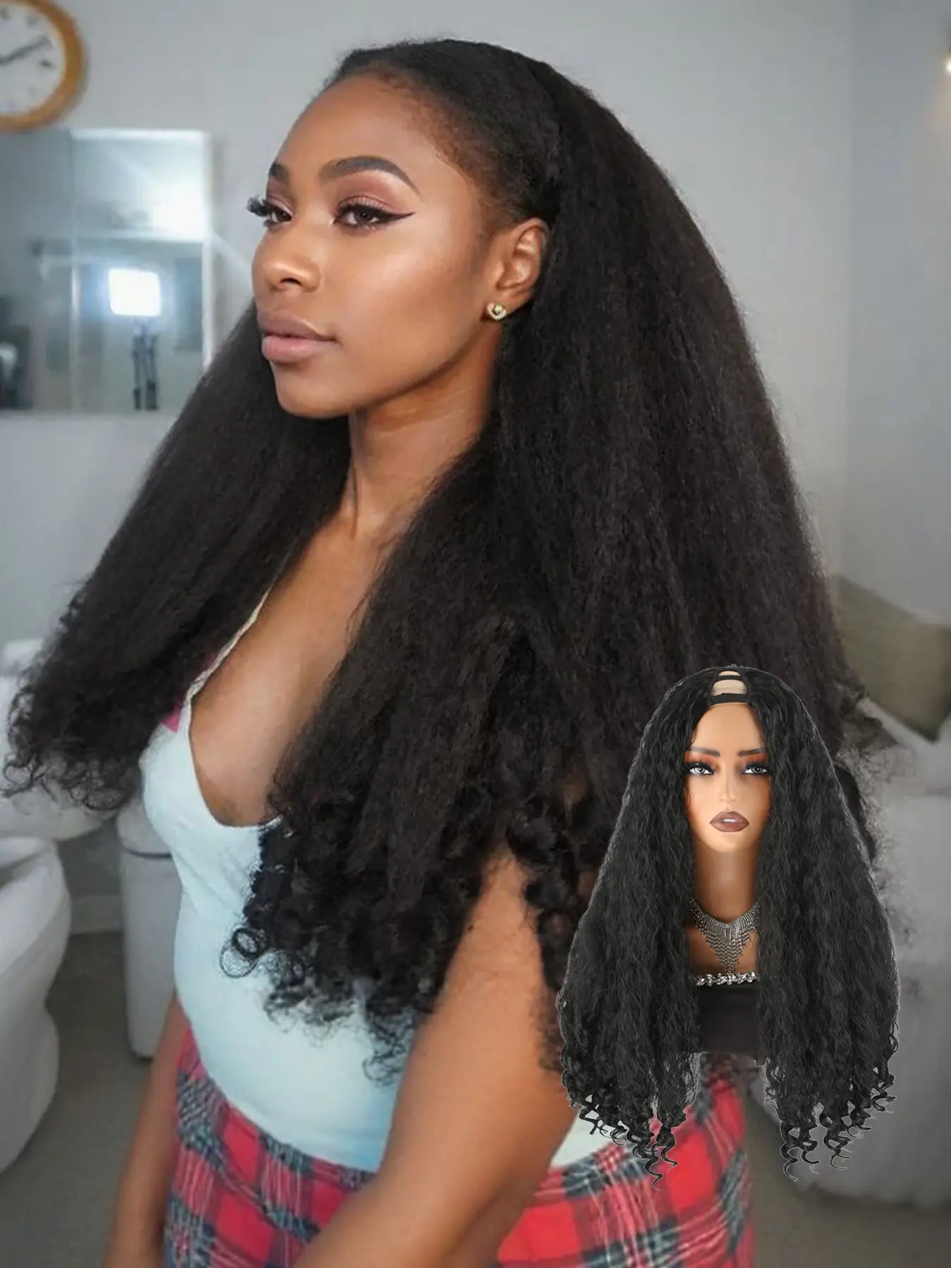 Lehanhair 26 Inch Natural Yaki Style Curly V Part Wig With Bouncy Curls Synthetic Kinky Straight Glueless Hair For Women No Leave Out Clip In Half Wig Synthetic Curly Wigs Black Woman Wigs