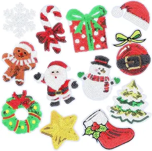 12pcs Christmas Iron on Patches Sequins Xmas Embroidered Sew Applique Repair Patch Glitter Santa Claus Christmas Tree Candy Cane DIY Crafts for Clothing Jacket Jeans Pants Dress Backpack Hat Decor