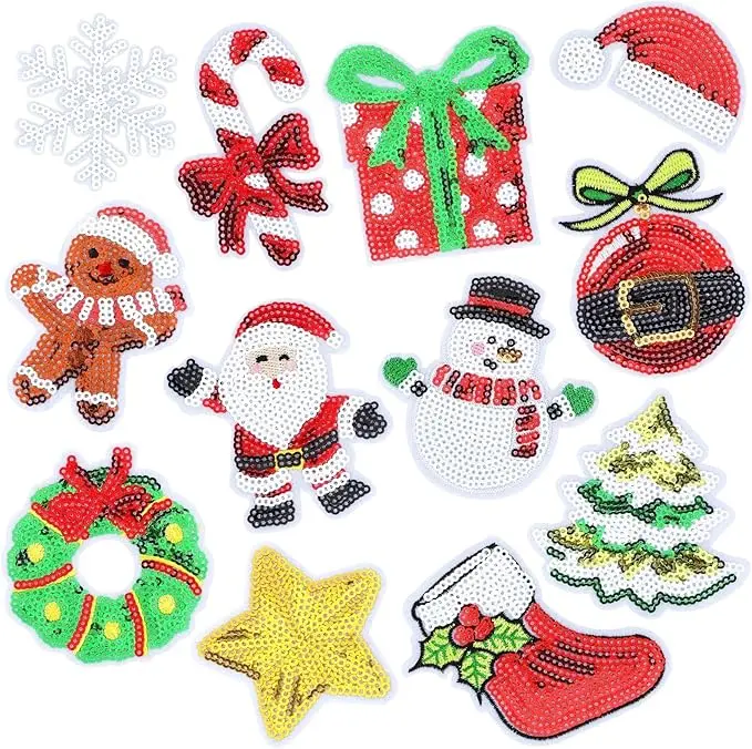12pcs Christmas Iron on Patches Sequins Xmas Embroidered Sew Applique Repair Patch Glitter Santa Claus Christmas Tree Candy Cane DIY Crafts for Clothing Jacket Jeans Pants Dress Backpack Hat Decor