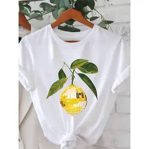 Women's Cotton Graphic T-Shirt - Lemon Disco Ball Print, Short Sleeve, Crewneck, Cute Summer Casual Streetwear Top