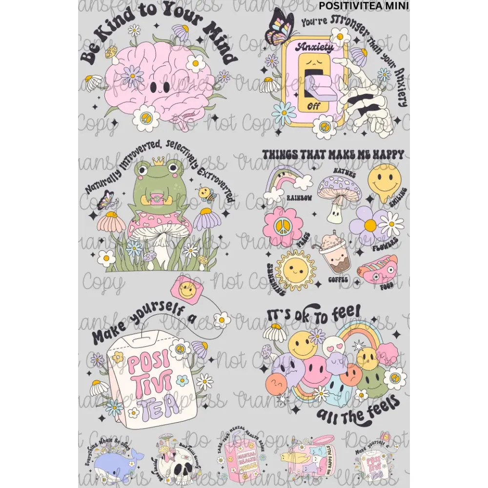Positivitea Mini DTF Transfer Gang Sheet 24.5" Wide x 36" Long Direct To Film Trendy Vibrant Designs for Stylish Wardrobe