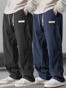 Men's Corduroy Straight-Cut Pants 2 Piece Set, Drawstring Waist, Casual Loose Fit, Street Style, Autumn & Wintercomfortable Design, Casual Outfit Set