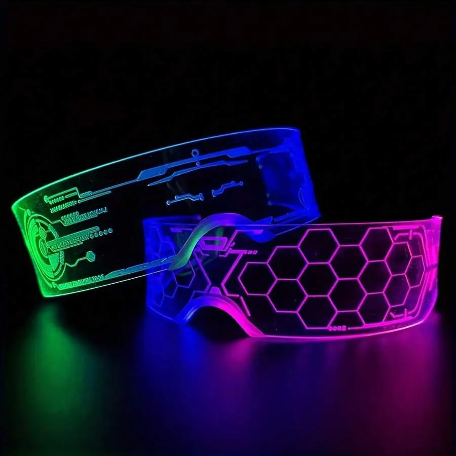 2 Pcs Led Light Glasses 7 Colors Glow In The Dark Party Supplies Rave Accessories Neon Glasses Cyberpunk Futuristic Glasses (Including Nasal Support)