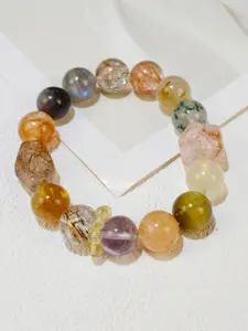 Natural Tower Quartz Gold Seven Lucky Stone Bracelet, Daily Wear Jewelry, Alloy Setting, Tpu Elastic Cord, Choking Hazard Warning