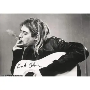 [UNFRAMED POSTER] Heart Rock Kurt Cobain & Guitar Large Fabric Poster,Flag Wall Art Black and white canvas painting 12x18in