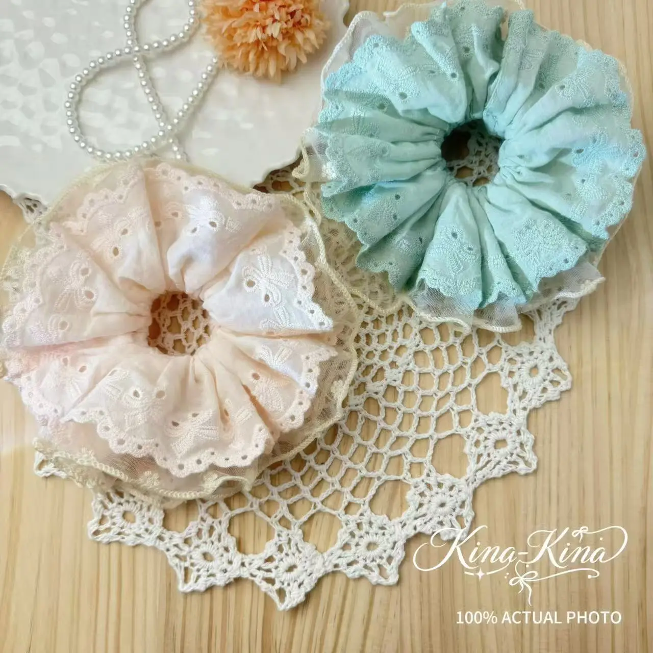 Lace Eyelet Ruffled Cotton Scrunchie | Vintage Coquette Hair Tie