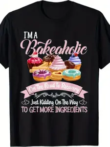 Funny Baking Addict T-Shirt - "I'm a Bakeaholic" Cupcake & Baking Graphic Tee - Shirt with Pink & Purple Frosting Designs - Soft Everyday Casual Wear for Bakers, Cooking Classes, Birthday Parties - Funny Baker Gift Idea - Adult Unisex Fit