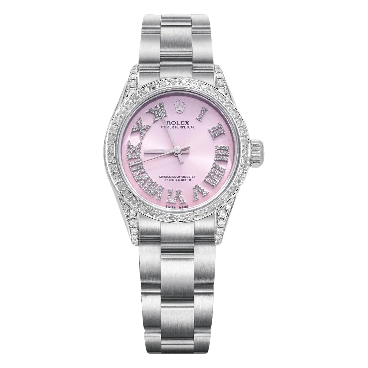 Rolex Oyster Perpetual 31mm Stainless Steel Aftermarket Pink Roman Dial & Diamond Bezel & Case 177200 WHP038524