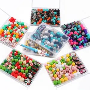 105pcs/Box DIY Bead Set & Accessories, DIY Beading Accessories, Includes Silicone Focus Beads, Printed Round Beads, Hexagon Beads, Jewelry Making Supplies