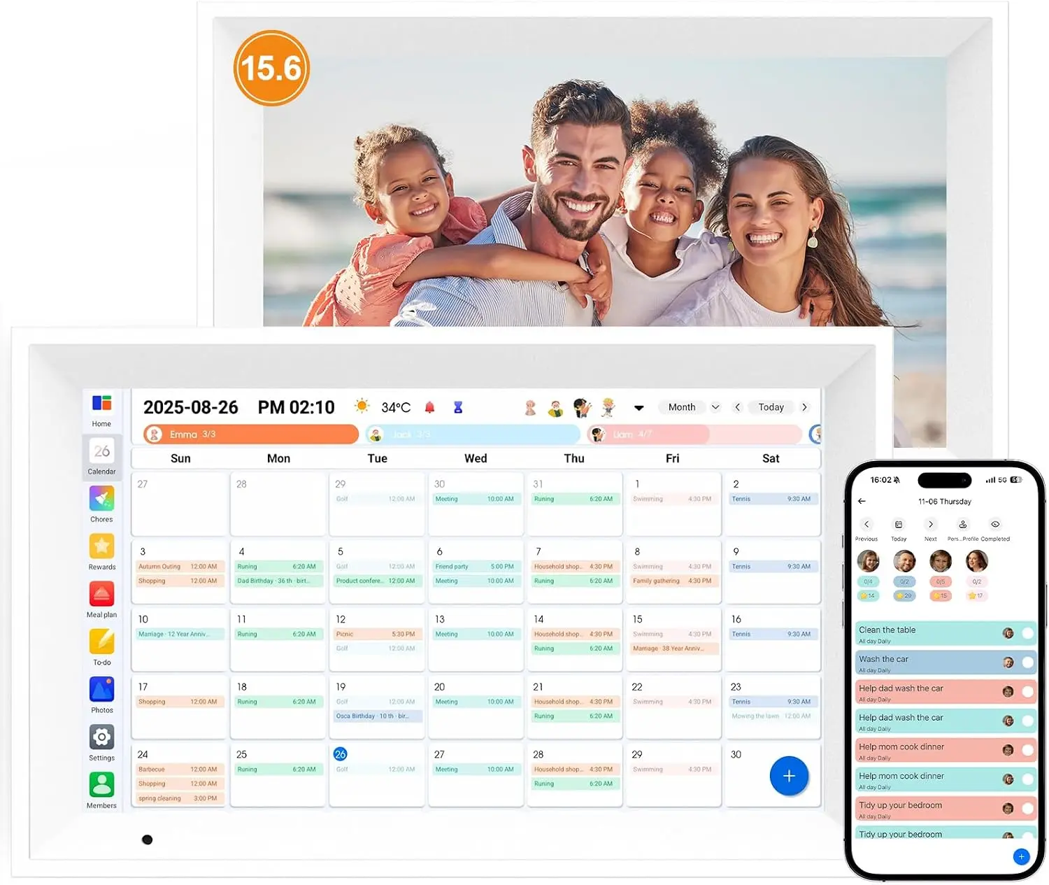 Digital Calendar 15.6" Smart Calendar&Chore Chart, 1080P Interactive Touchscreen Electronic Calendar for Family Schedules, 64GB Digital Picture Frame WiFi, Wall Mountable, AiMOR APP-White