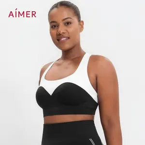 AIMER Sports Bra Everyday Push Up Bra Seamless Color Block Racerback Soft Wraparound Support Stretch Fabric No Cup Shifting Stay in Place Stylish Comfortable Activewear Fall Fashion Top Womenswear