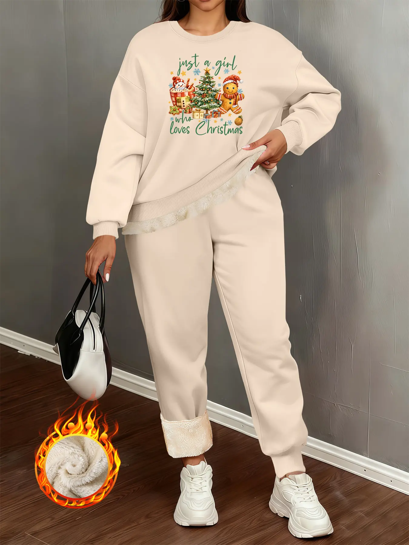 Two-Piece Round Neck Plus Size Lamb Fleece Set Christmas Gingerbread Man & Snowman Cartoon Print, Hoodie + Jogger Pants, Fall & Winter