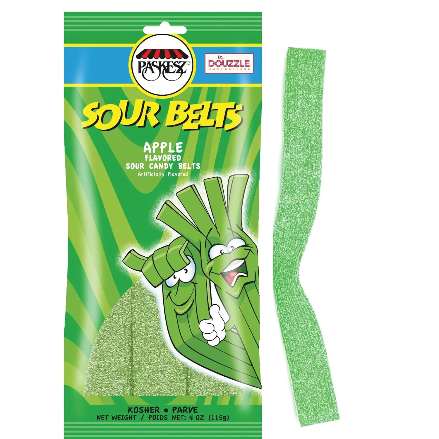 DOUzzle Sour Belts Chewy Candy Strips Green Apple (4 OZ - 1 Pack) Goodie Bag Stuffer, Pinata Filler - Kosher Parve
