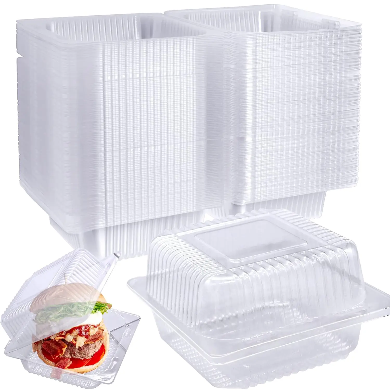 100 Pcs Hinged Plastic Clamshell Containers with Lids - Square Disposable Food Boxes for Birthday Cake Slices, Cookies (Home & Festive Party Disposable Tableware)