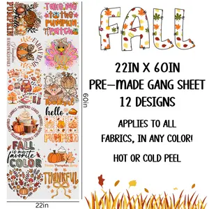 Dtf Print 22in x 60in Pre-Made Gang Sheet 12 Designs Hot or Cold Peel for All Fabrics in Any Color Fall Theme