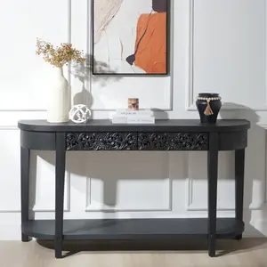 [Fahuac] 59.2in Black Console Table with Drawer & Lower Shelf - Carved Wood, 100LB Capacity, for Entryway Living Room.