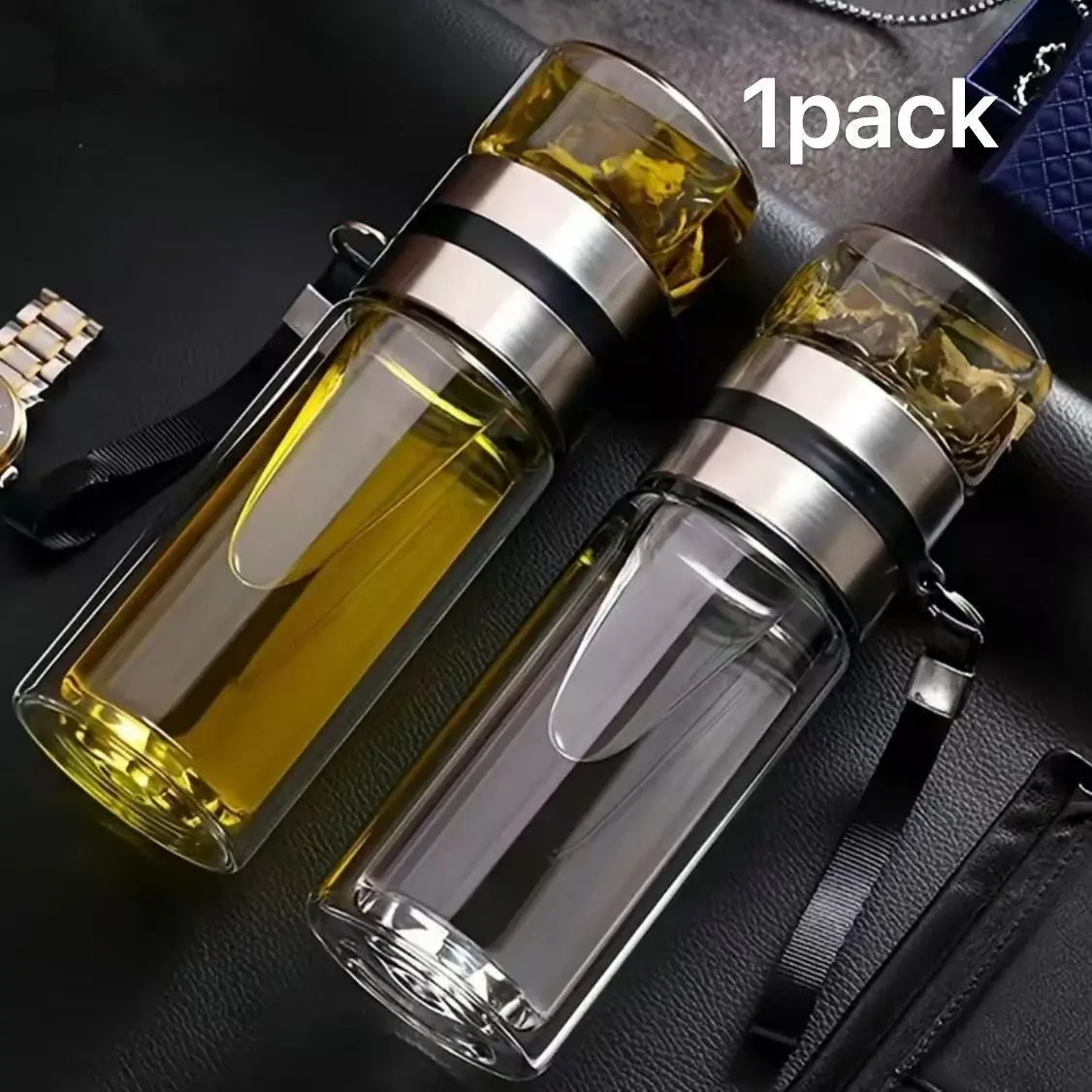 Double-Walled Borosilicate Glass Tea Tumbler, Drinkware, with Stainless Steel Infuser, Food Grade BPA Free Thickened Heat Resistant Anti-Scald Leak Proof Portable Tea Cup, Dishwasher Safe Business Birthday Gift for Men Women Office