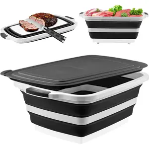 Collapsible BBQ Prep Tub with Cutting Board & Lid – 7.95 Gal / 30L Space-Saving Food Container – BPA-Free Heavy-Duty Plastic, Dishwasher Safe with Drain Hole – Offset Smoker, Backyard & Grilling