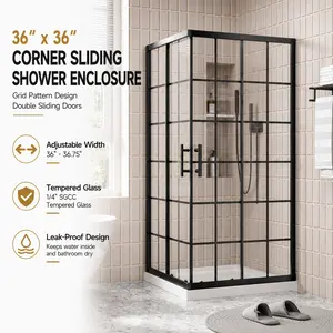 36" x 36" Corner Sliding Shower Enclosure, Grid Pattern Tempered Glass, Double Sliding Doors, Adjustable Width 36"-36.75", Matte Black