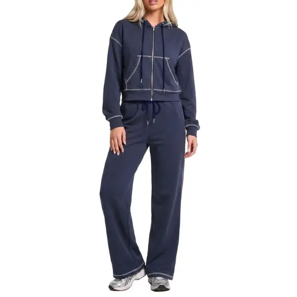Fisoew Women's Contrast Stitch 2 Piece Tracksuit Set, Full Zip Cropped Hoodie & Drawstring Wide Leg Sweatpants Casual Matching Outfit