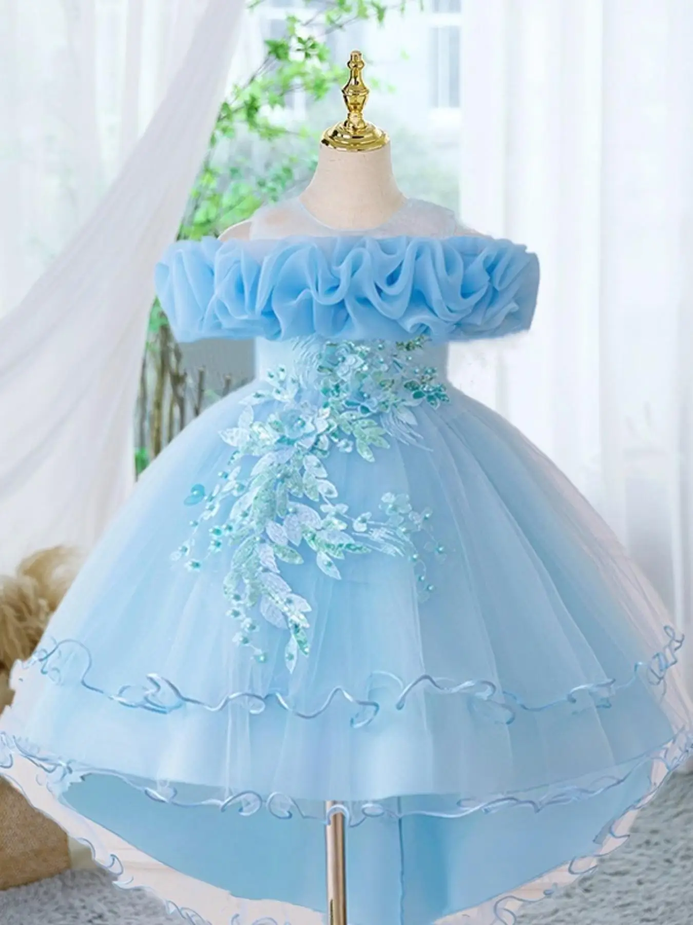 Girl's Floral Embroidery Sequin Decor Tulle Dress, Elegant Sleeveless A Line Dress for Party Wedding Guest, Kids Summer Clothes