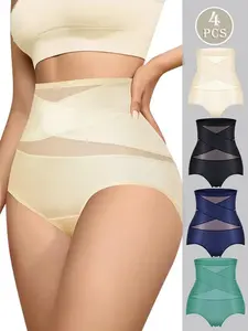 QUASTI 4-Piece High-Waisted Crossover Tummy Control Panties, Soft and Breathable Fabric, Highly Elastic and Silky Smooth, Skin-Friendly, Lifts and Shapes the Tummy Womenswear, Sizes S-XXL