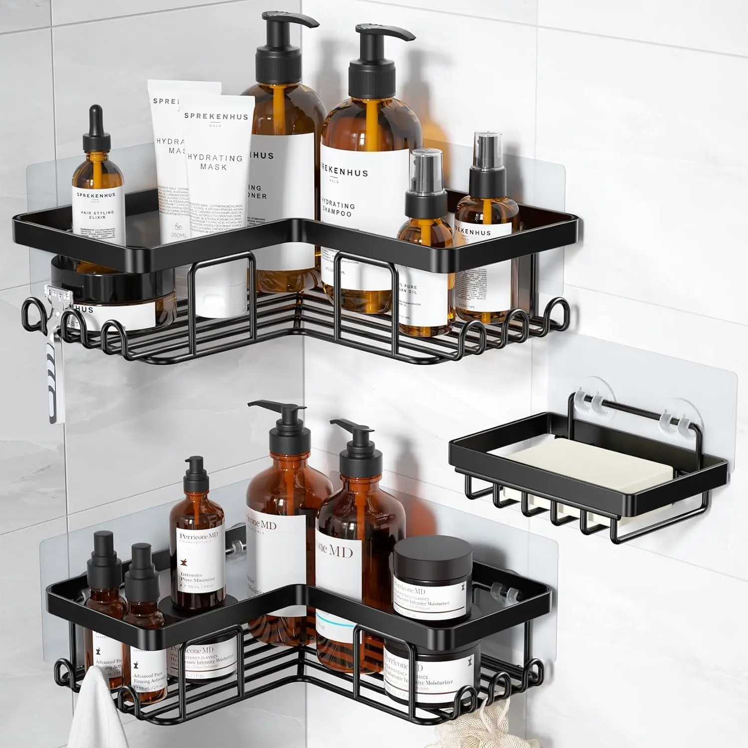 3-Pack L-Shape Black Rustproof Stainless Steel Corner Shower Caddy, Thicker Solid Frame, No-Drilling Adhesive Wall-Mounted Bathroom Organizer for Tile/Marble/Wood, 40lbs Capacity, Soap Holder & 12 Hooks, 5 Adhesive Stickers