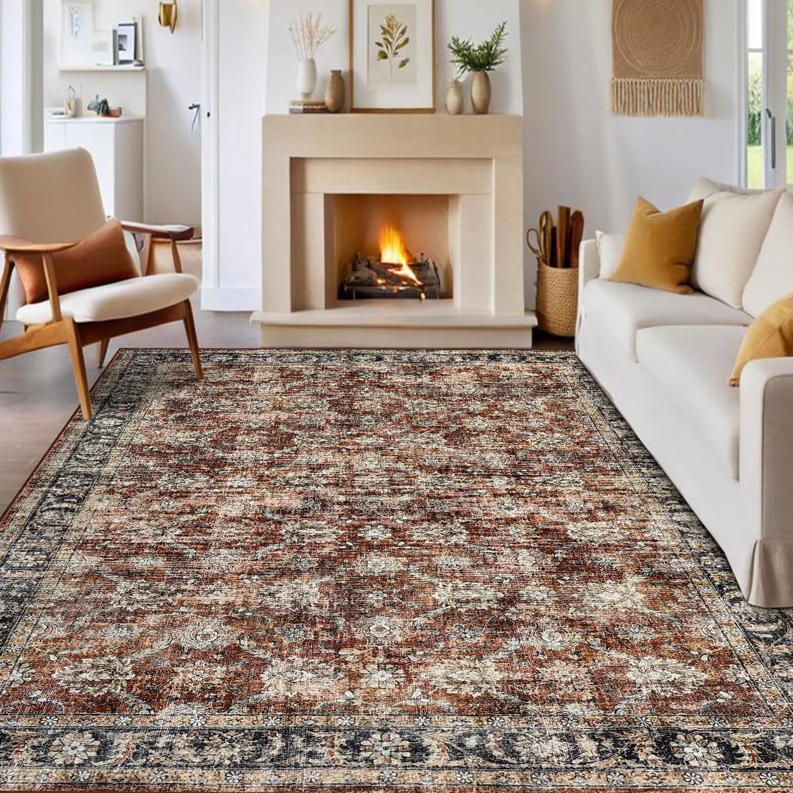 GARVEE Extra Large 10x13 Washable Area Rug with Vintage Floral Print, Non-Slip, Foldable, Thin and Ultra Soft Distressed Carpet for Living Room, Bedroom, Nursery - Red