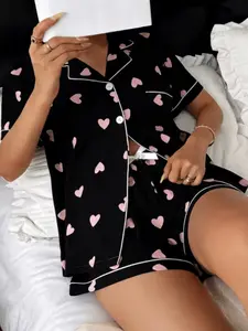 Valentine's Day Women's Pajama Set Loungewear, Comfortable Cute Elastic Striped Heart Button Shirt and Pants Two-Piece Sleepwear