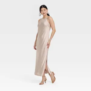 Women's Satin Halter Maxi Slip Dress - A New Day Tan M: Sleeveless Open Back, Front Drawstring, Woven Fabric