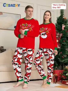 Men's Christmas Autumn and Winter Casual Home Long Sleeve Pajama Set, Fashion Glasses Santa Claus Color Letter Print and Matching Full Print Pattern Trousers Holiday Two-piece Set, Family Christmas Pajama Set, Christmas Family Pajamas