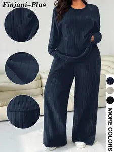 Women's Plus Size Solid Color Round Neck Long Sleeve Ribbed Tee + High Waist Pants, Casual Minimalist Two-Piece Set, Spring Fall Winter Comfort Home Wear